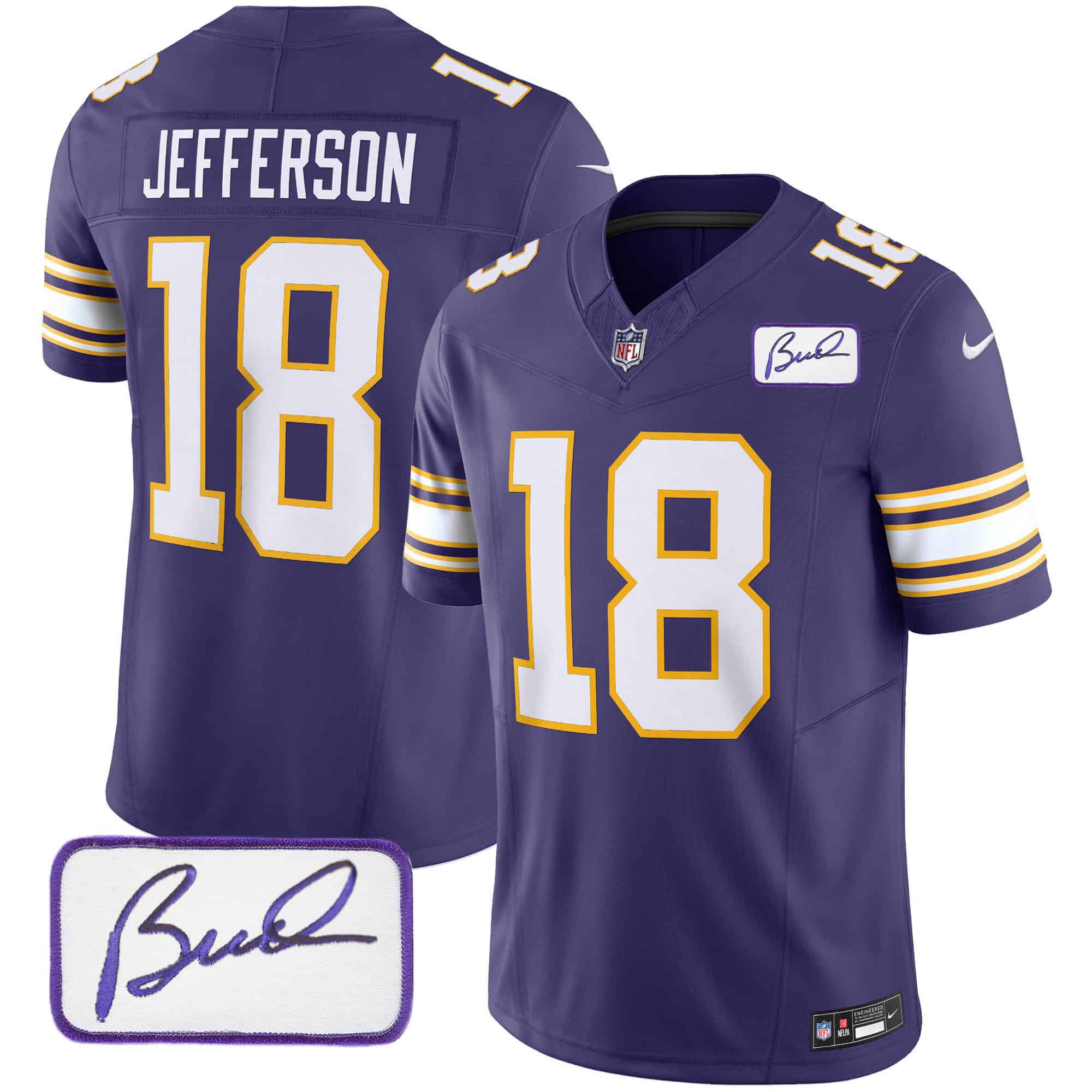 Men Minnesota Vikings 18 Jefferson Purple 2024 Nike Bud Grant Patch Classic Limited NFL Jersey style 1